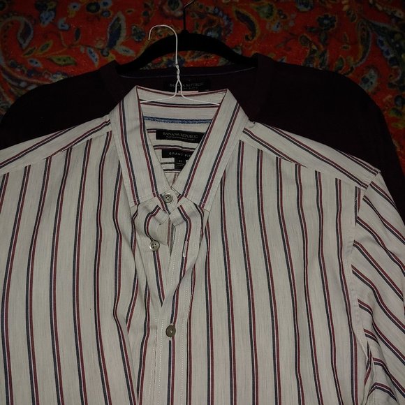 Banana Republic Mens Size Medium Pinstriped Cream Soft Cotton Grant Fit Shirt - Picture 5 of 6